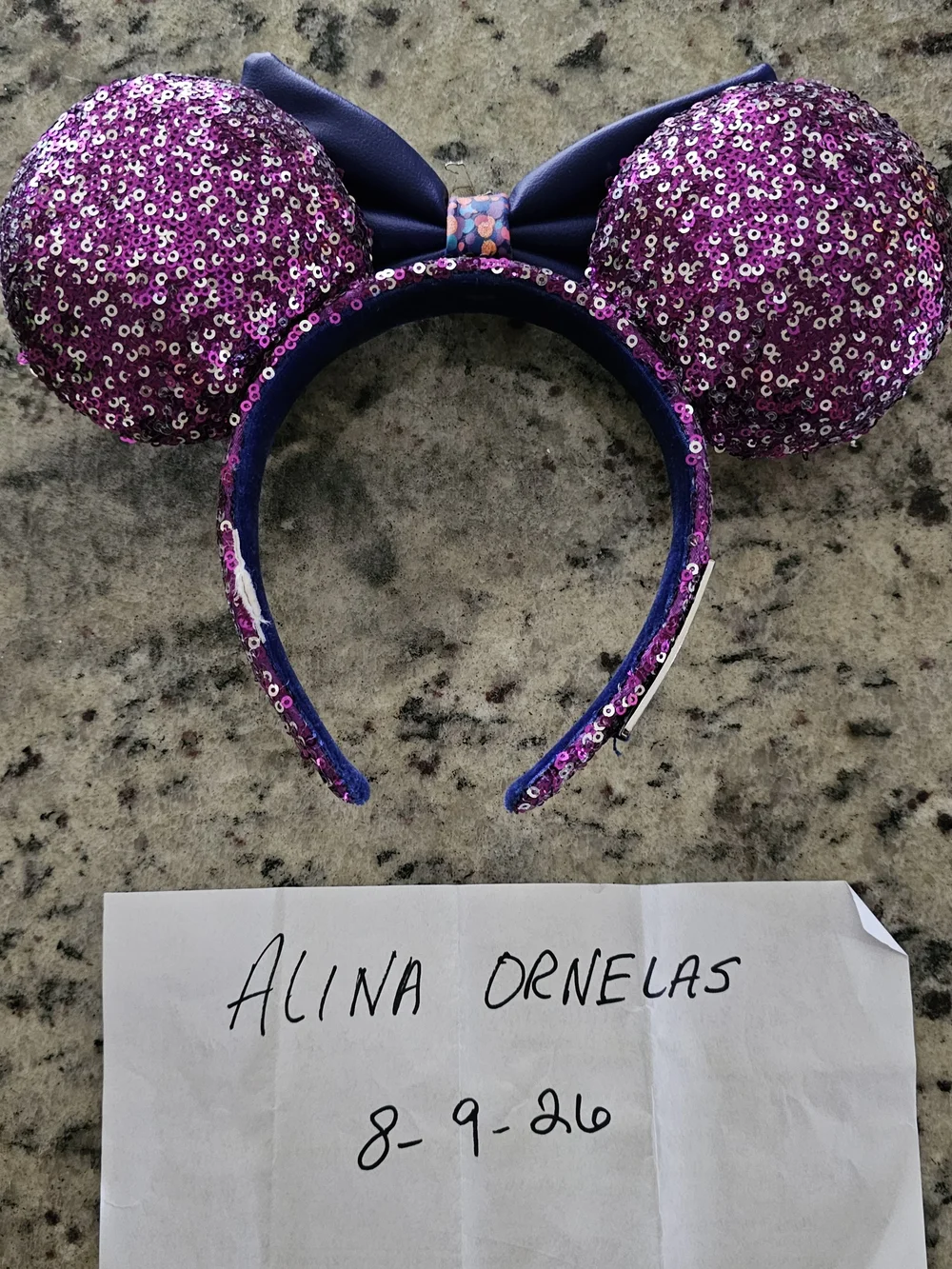 Sequin Purple Mouse Ears Headband with Navy Confetti Bow. Disneyland Paris 30th